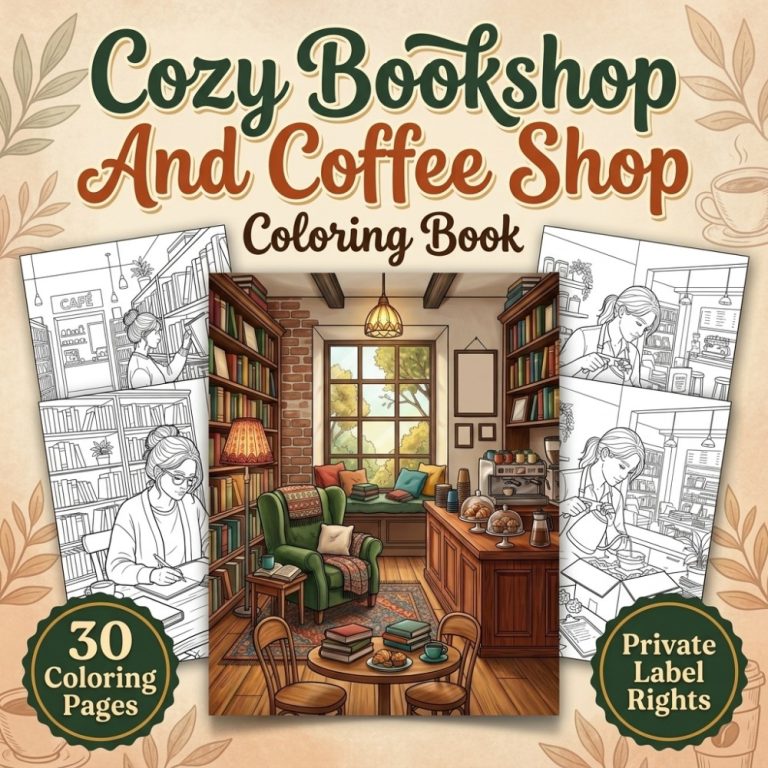 Cozy Bookshop and Coffee Shop Coloring Book PLR Kit